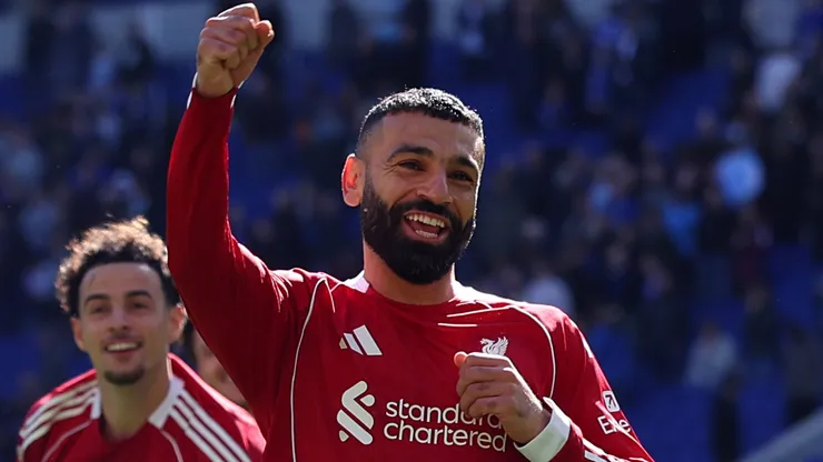 Mohamed Salah of Liverpool celebrates after the Premier League match.