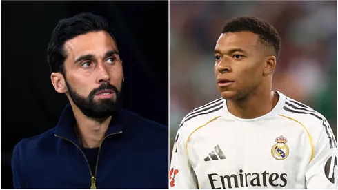Head coach Alvaro Arbeloa (L) and Kylian Mbappe (R) of Real Madrid.