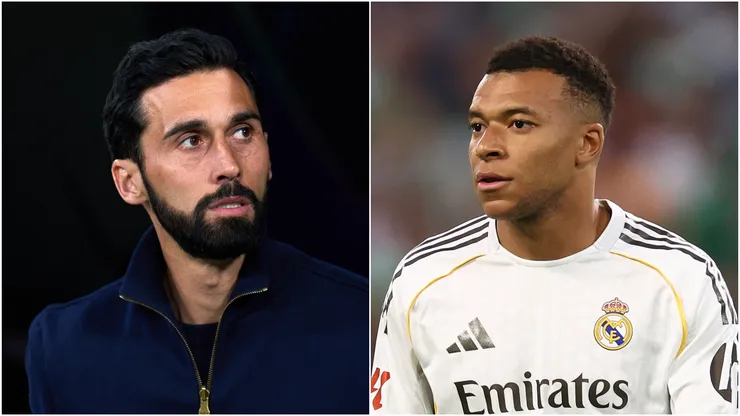 Head coach Alvaro Arbeloa (L) and Kylian Mbappe (R) of Real Madrid.