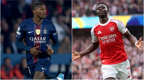 PSG's Nuno Mendes vs Arsenal's Bukayo Saka.
