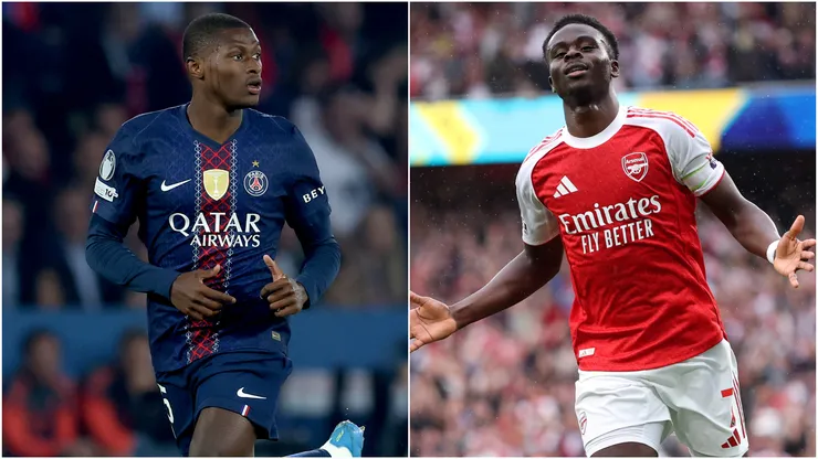 PSG's Nuno Mendes vs Arsenal's Bukayo Saka.