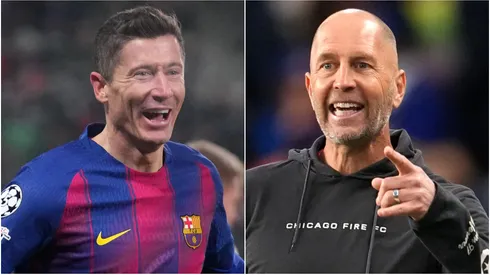 Robert Lewandowski of FC Barcelona and Gregg Berhalter, Head Coach of Chicago Fire.
