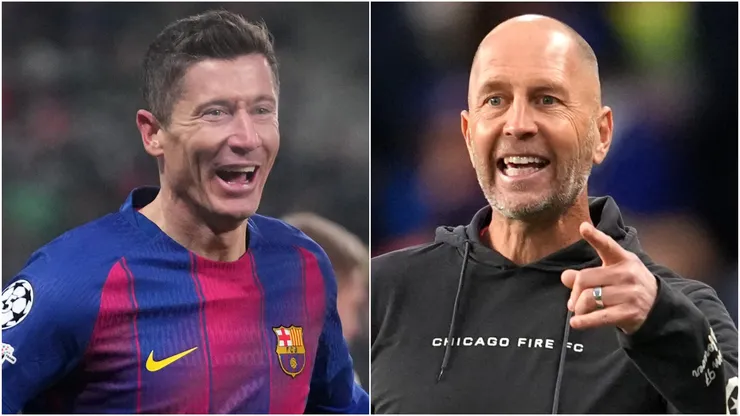 Robert Lewandowski of FC Barcelona and Gregg Berhalter, Head Coach of Chicago Fire.