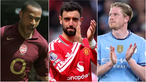 Thierry Henry of Arsenal, Bruno Fernandes of Manchester United, and Kevin De Bruyne of Manchester City.