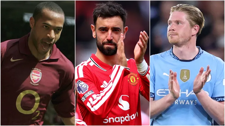 Thierry Henry of Arsenal, Bruno Fernandes of Manchester United, and Kevin De Bruyne of Manchester City.