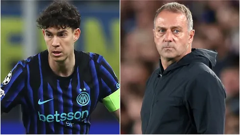 Alessandro Bastoni of Inter Milan and Hansi Flick, Head Coach of FC Barcelona.