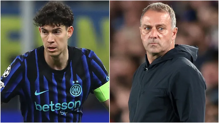 Alessandro Bastoni of Inter Milan and Hansi Flick, Head Coach of FC Barcelona.