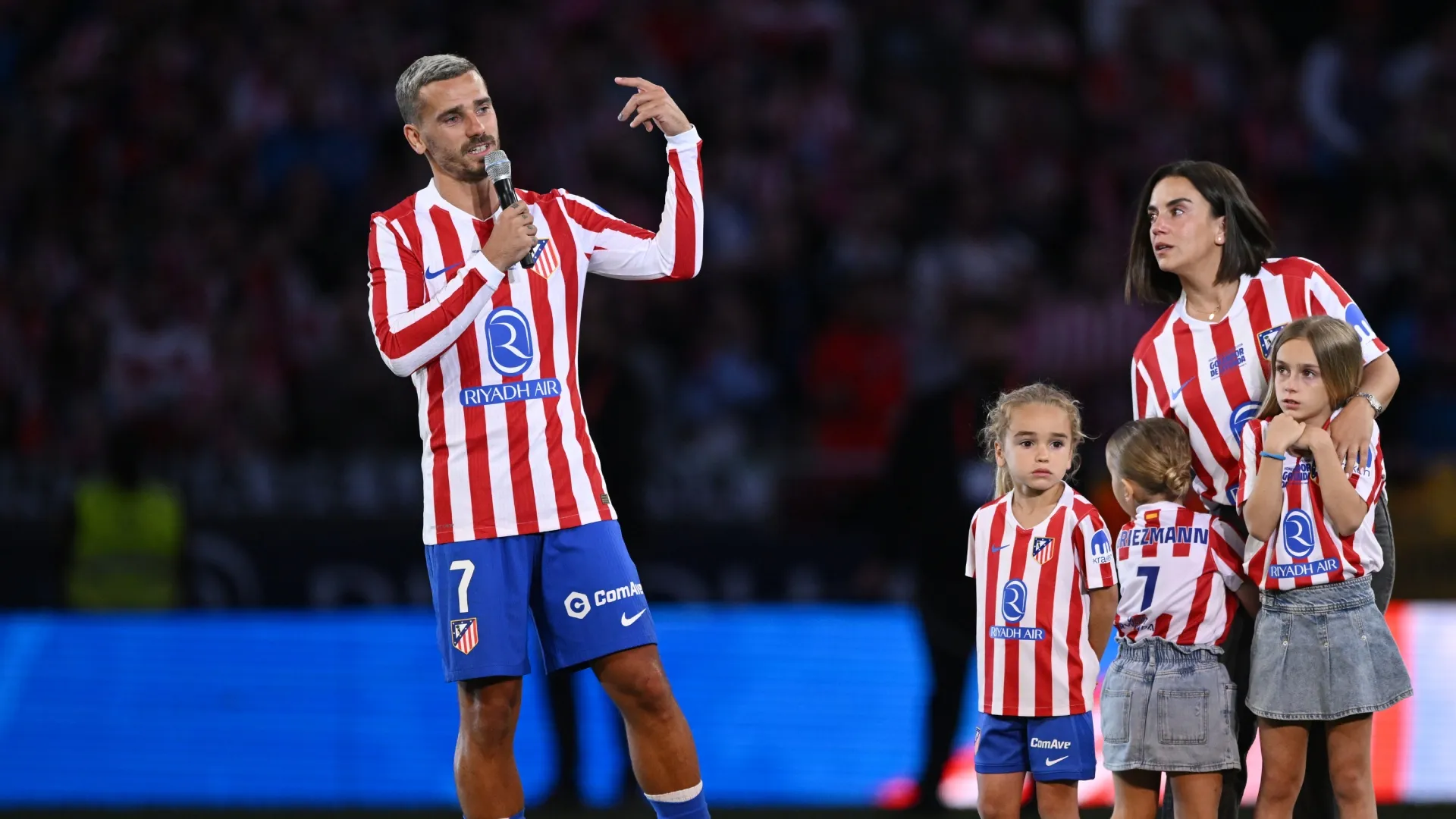Antoine Griezmann of Atletico de Madrid speaks to the crowd at the Riyadh Air Metropolitano.