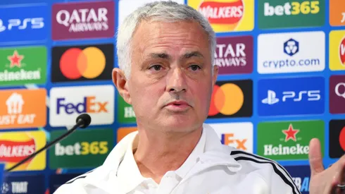 Jose Mourinho, Head Coach of SL Benfica reacts as he speaks to the media.