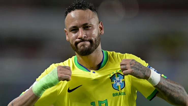 Neymar Jr. of Brazil celebrates after scoring the fifth goal of his team during a FIFA World Cup 2026 Qualifier.