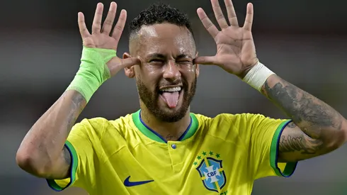 Neymar Jr. of Brazil celebrates after scoring goal.