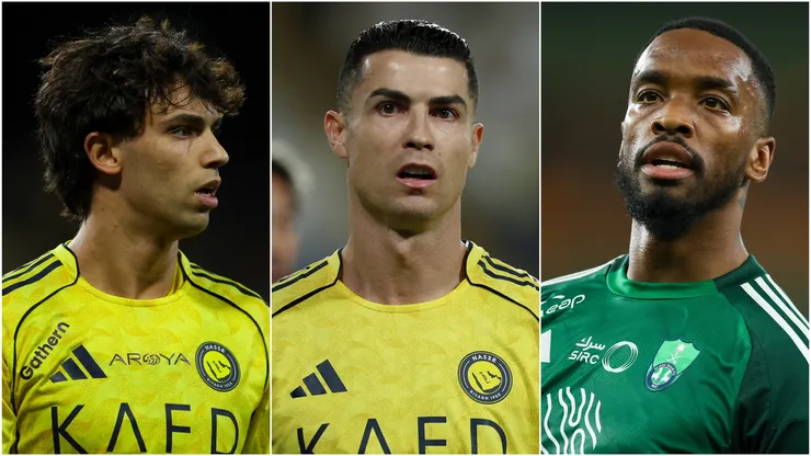 Joao Felix (L) and Cristiano Ronaldo (M) of Al Nassr, and Ivan Toney (R) of Al Ahli.
