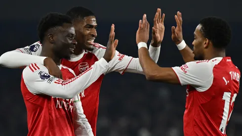 Bukayo Saka, Cristhian Mosquera and Jurrien Timber of Arsenal.