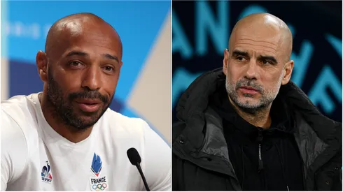 Thierry Henry (L) and Pep Guardiola (R), head coach of Manchester City.
