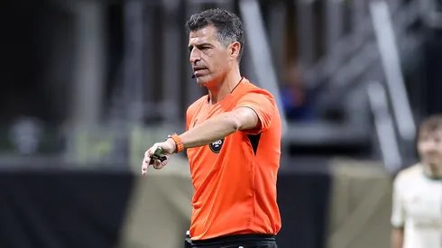 Referee Fotis Bazakos looks on during the first half of the match between Atlanta United and LA Galaxy in 2026 MLS.