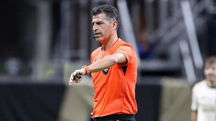 Referee Fotis Bazakos looks on during the first half of the match between Atlanta United and LA Galaxy in 2026 MLS.