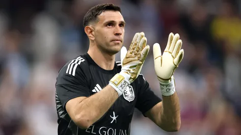 Emiliano Martinez of Aston Villa applauds the fans during the warm up.