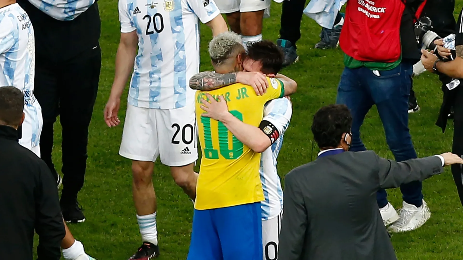 Neymar Jr. of Brazil hugs Lionel Messi of Argentina after the final of Copa America Brazil 2021.
