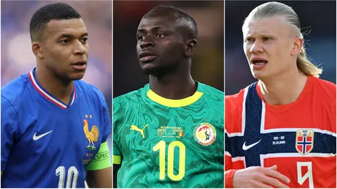 Kylian Mbappe (left), Sadio Mane (center), and Erling Haaland (right)