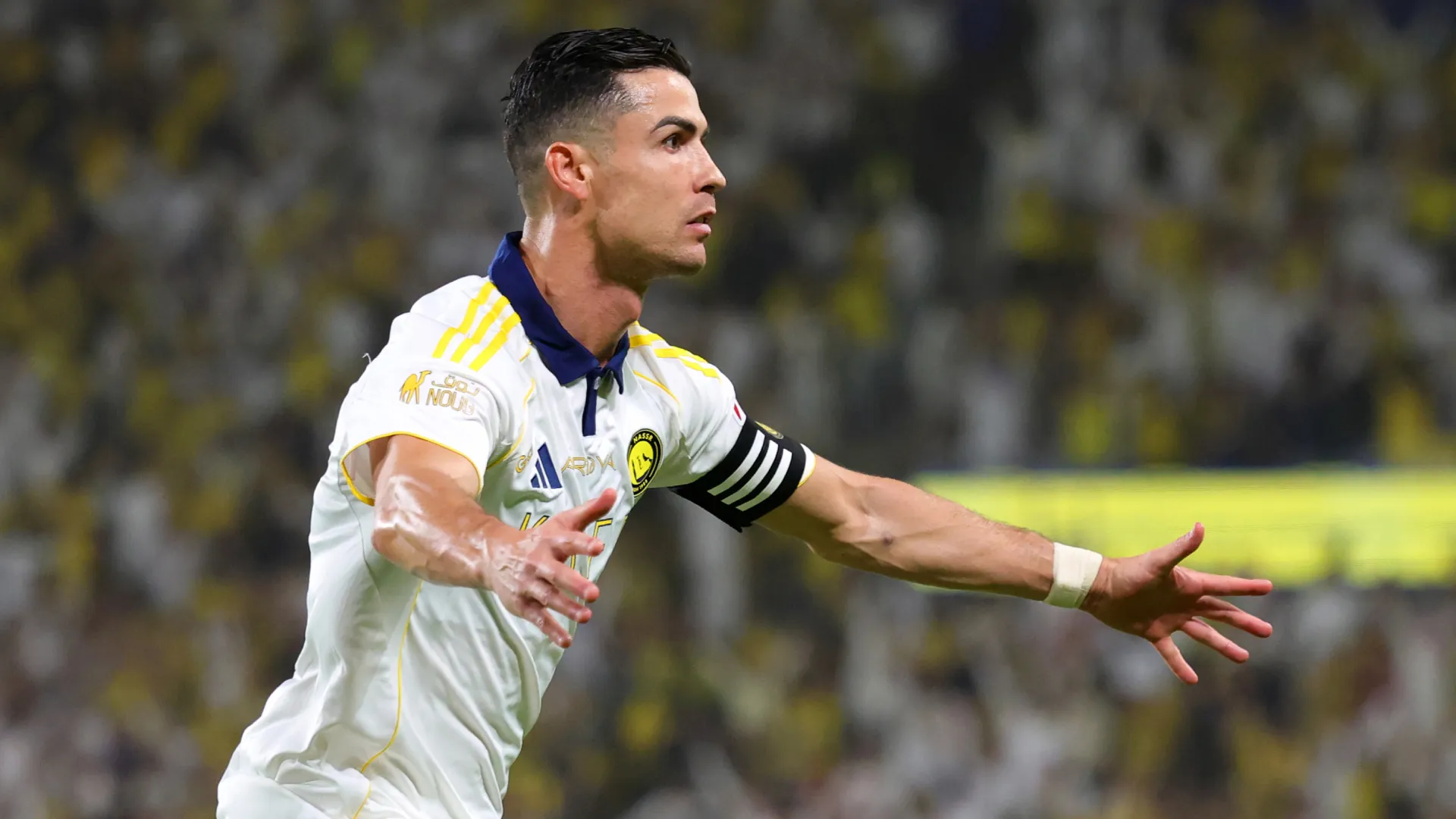Cristiano Ronaldo celebrates a goal for Al Nassr vs Damac. (Getty Images)