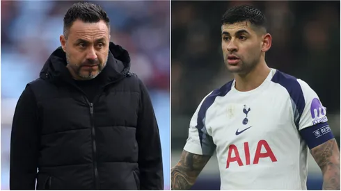 Roberto De Zerbi and Cristian Romero of Tottenham.