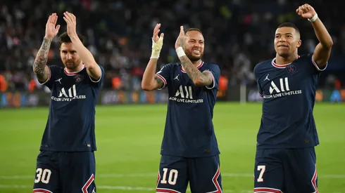Lionel Messi, Neymar and Kylian Mbappe playing for Paris Saint-Germain in 2021.