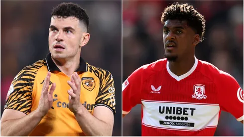 John Egan of Hull City and Adilson Malanda of Middlesbrough.