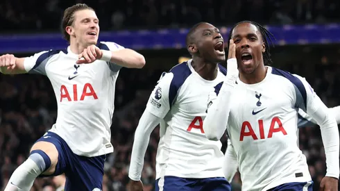 Mathys Tel of Tottenham Hotspur celebrates scoring a goal.