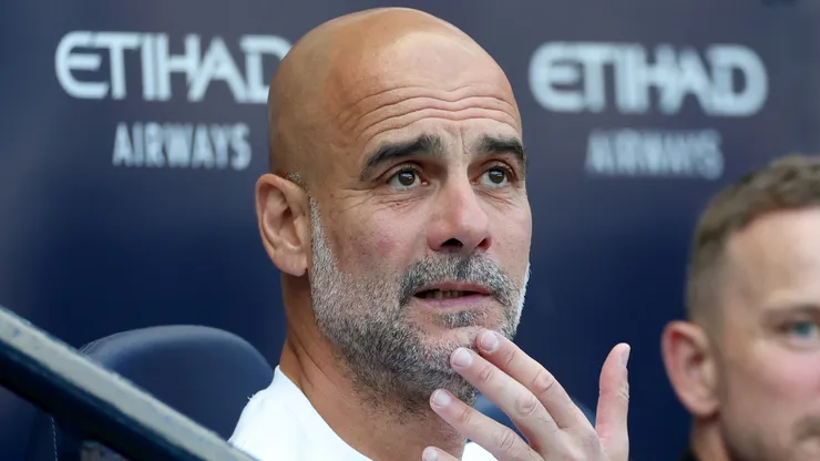 Pep Guardiola, Manager of Manchester City, looks on prior to the Premier League match.