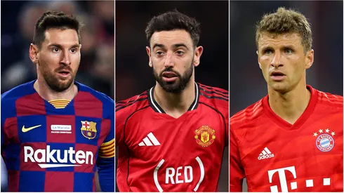 Lionel Messi (L) of FC Barcelona, Bruno Fernandes (M) of Manchester United, and Thomas Muller (R) of Bayern Munich.