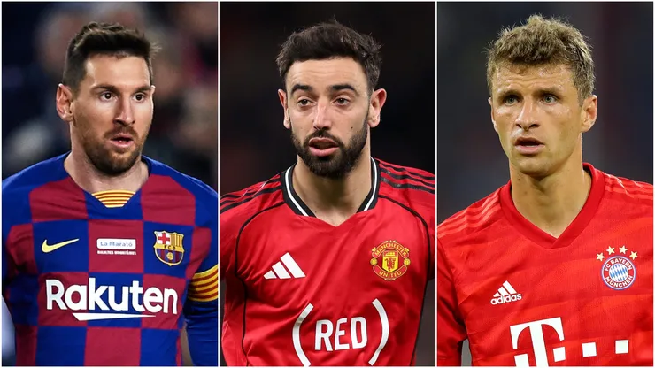 Lionel Messi (L) of FC Barcelona, Bruno Fernandes (M) of Manchester United, and Thomas Muller (R) of Bayern Munich.