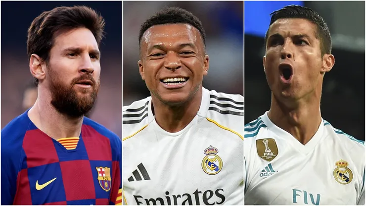 Lionel Messi of FC Barcelona, Kylian Mbappe of Real Madrid and Cristiano Ronaldo of Real Madrid.