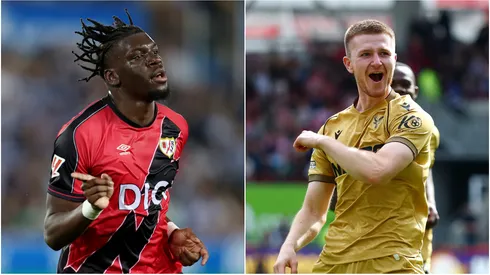 Randy Nteka of Rayo Vallecano (L) and Adam Wharton of Crystal Palace (R)
