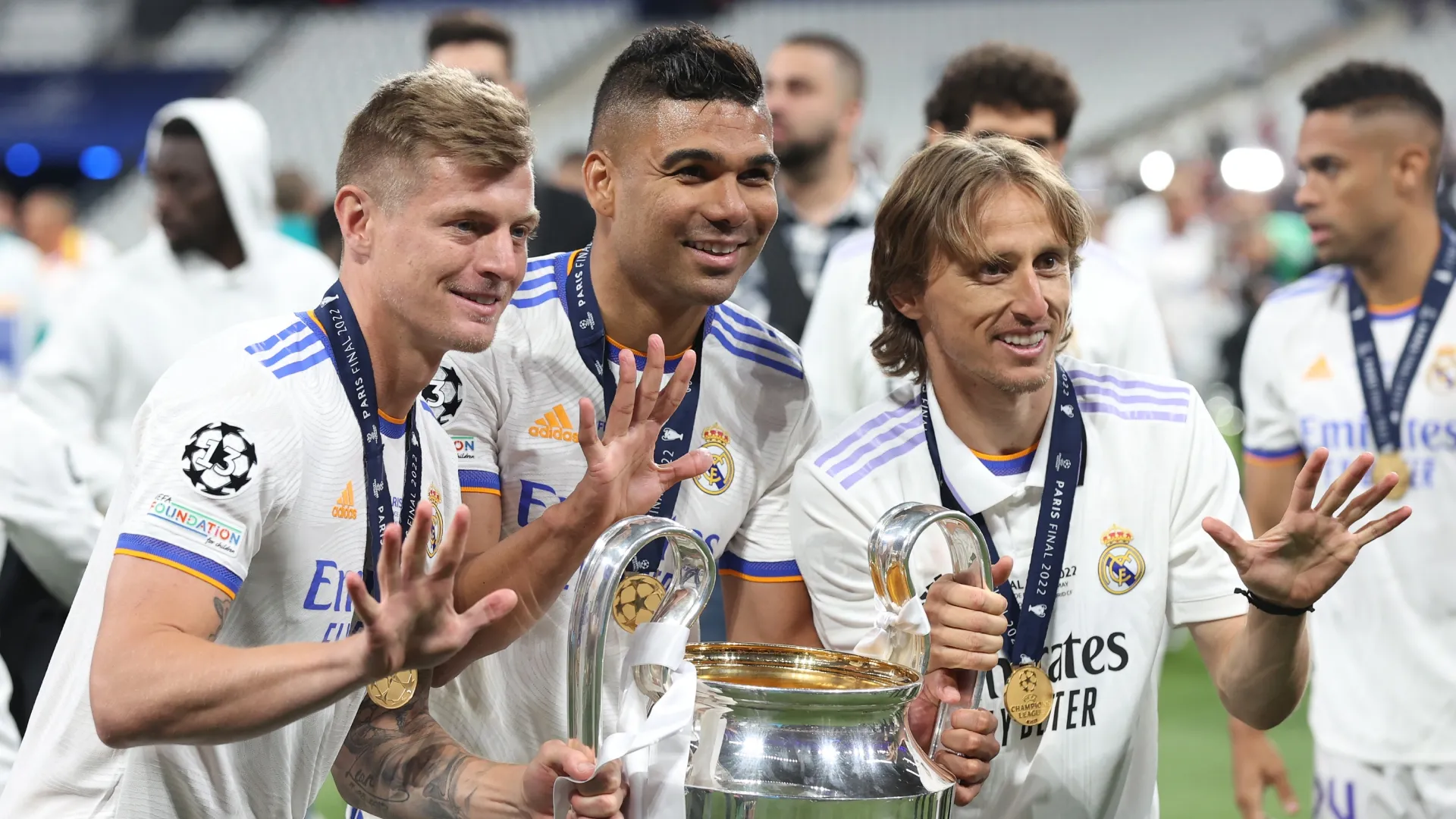 Toni Kroos, Casemiro and Luka Modric of Real Madrid.