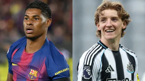 Marcus Rashford of FC Barcelona and Anthony Gordon of Newcastle United.