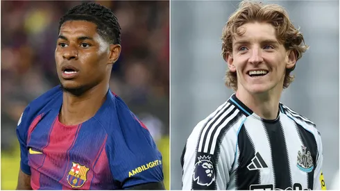 Marcus Rashford of FC Barcelona and Anthony Gordon of Newcastle United.