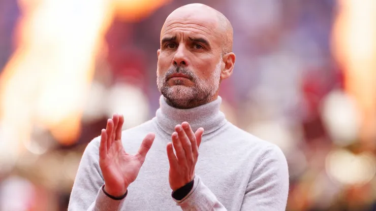 Pep Guardiola, Manager of Manchester City, reacts during the Emirates FA Cup Final match.