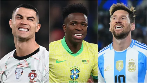 Cristiano Ronaldo (L) of Portugal, Vinicius Junior (M) of Brazil, and Lionel Messi (R) of Argentina.