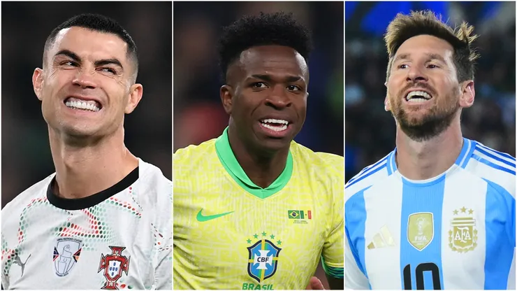 Cristiano Ronaldo (L) of Portugal, Vinicius Junior (M) of Brazil, and Lionel Messi (R) of Argentina.