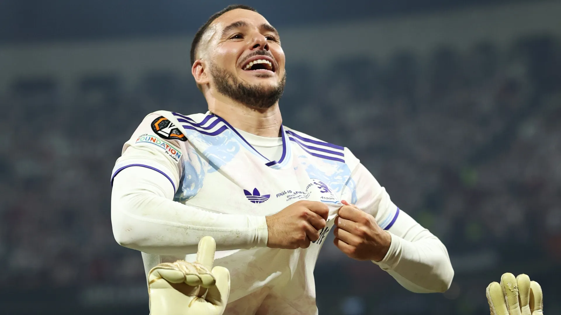 Emi Buendia of Aston Villa celebrates winning the UEFA Europa League.