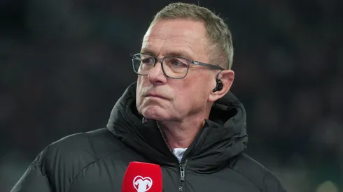 Ralf Rangnick, Head Coach of Austria, talks to the media.