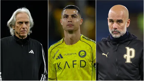 Coach Jorge Jesus (L), Cristiano Ronaldo (M) of Al Nassr, and Pep Guardiola (R) of Manchester City.
