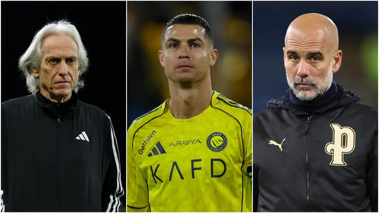 Coach Jorge Jesus (L), Cristiano Ronaldo (M) of Al Nassr, and Pep Guardiola (R) of Manchester City.