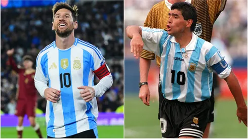 Lionel Messi and Diego Maradona playing for Argentina.