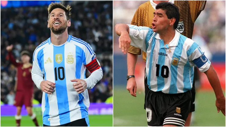 Lionel Messi and Diego Maradona playing for Argentina.