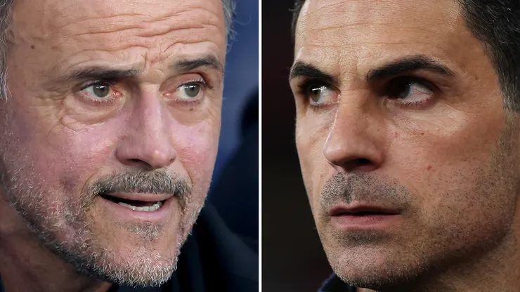 Luis Enrique, Manager of Paris Saint-Germain (L) and Mikel Arteta, Manager of Arsenal