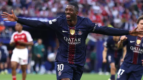 Ousmane Dembele celebrates scoring vs Arsenal.