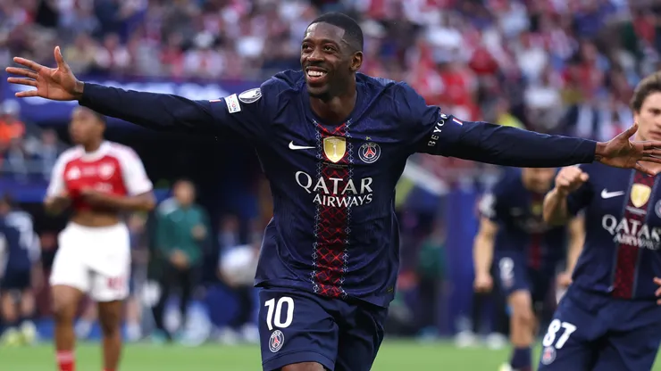 Ousmane Dembele celebrates scoring vs Arsenal.