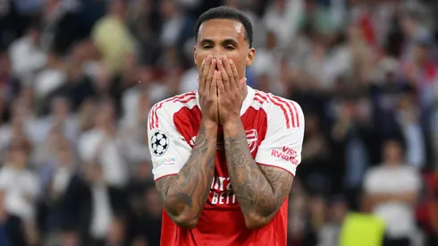 Gabriel Magalhaes reacts after missing a penalty for Arsenal.