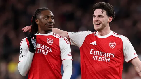 Eberechi Eze of Arsenal and his teammate Declan Rice.